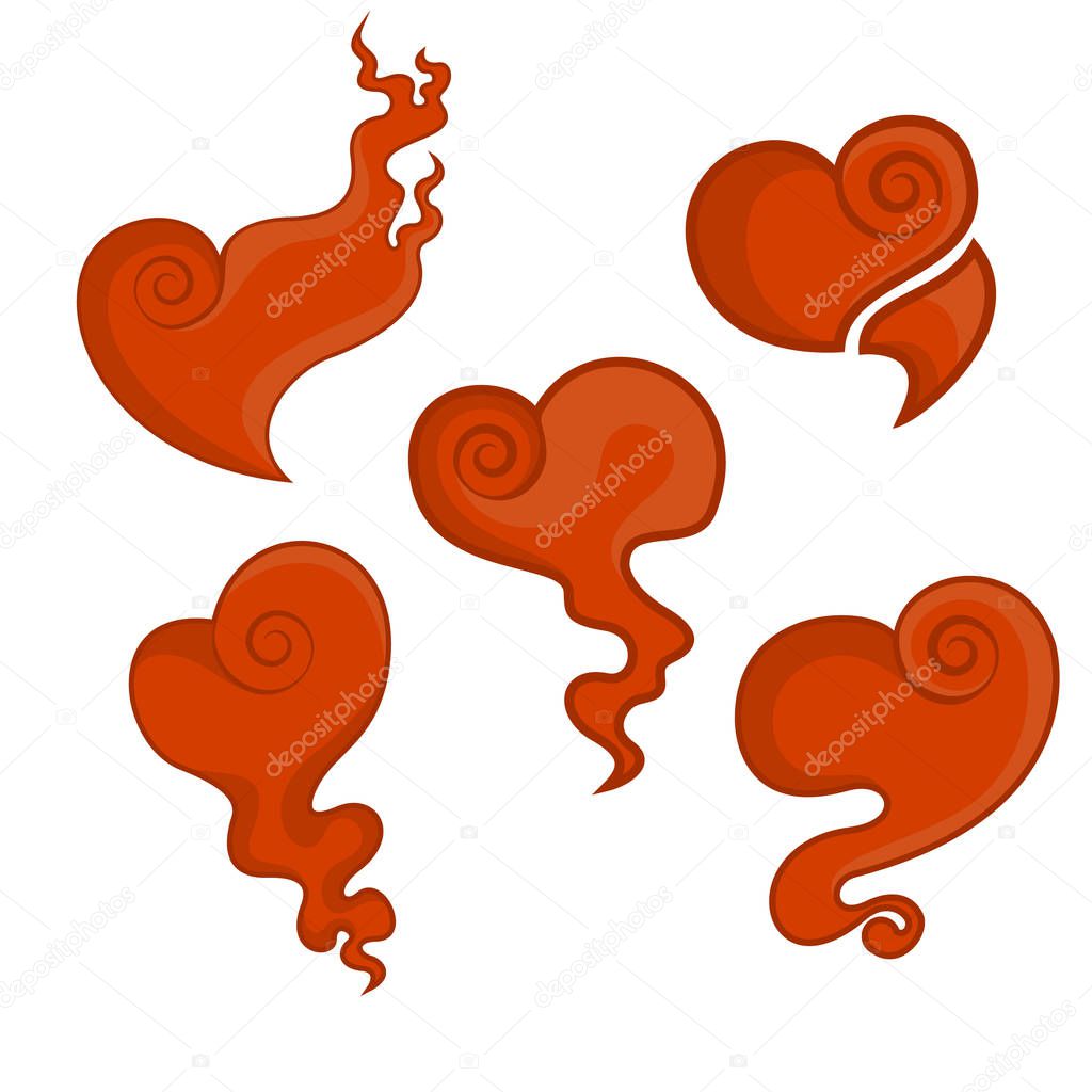 Diy set of five decorative  isolated, romantic curly hearts in cartoon style with swirls, like smoke and fire.  