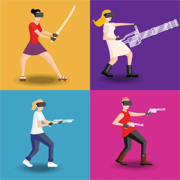 Набор Четырех Женщин Играющих Очки Виртуальной Реальности Виртуальным Ружьем Револьвером — стоковый вектор