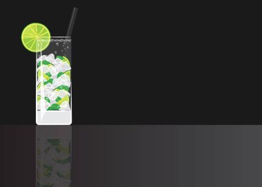 Mojito yansıtılmış siyah arka plan üzerine kokteyl. Vektör çizim web ve baskı, yeni yıl eğlencesi daveti veya menü dekorasyon için