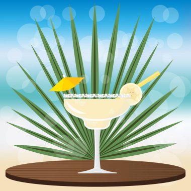 Daiquiri kokteyl bokeh vektör çizim için web ve baskı, davet ve menüler için bulanık zemin üzerine ahşap Klasik tepsi bar  