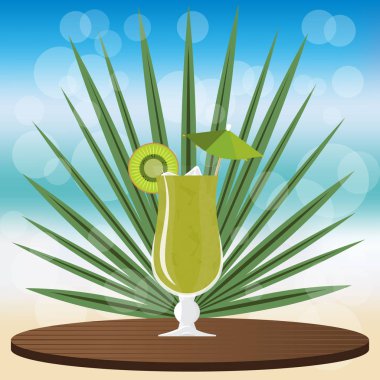 Kivi Mojito bokeh vektör çizim için web ve baskı, davet ve menüler için bulanık zemin üzerine ahşap Klasik tepsi bar