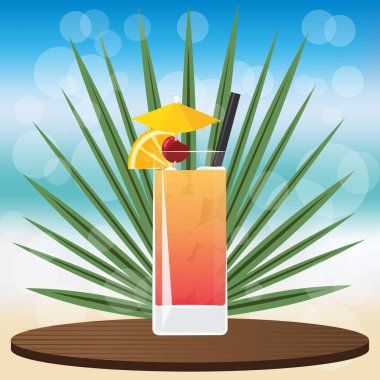 Tekila Sunrise bokeh vektör çizim için web ve baskı, davet ve menüler için bulanık zemin üzerine ahşap Klasik tepsisindeki kokteyl bar  