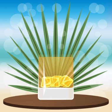 Kaplan suyu bokeh vektör çizim için web ve baskı, davet ve menüler için bulanık zemin üzerine ahşap Klasik tepsi bar