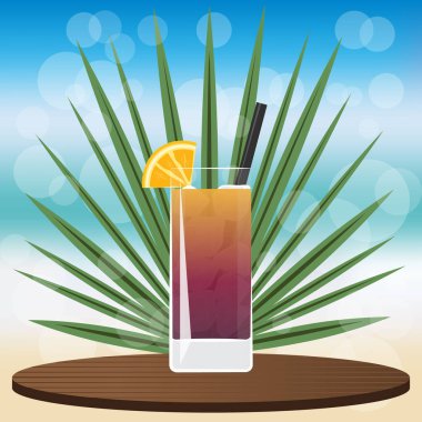 Long Island Iced Tea bokeh vektör çizim için web ve baskı, davet ve menüler için bulanık zemin üzerine ahşap Klasik tepsisindeki kokteyl bar
