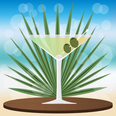 Sek martini kokteyl bokeh vektör çizim için web ve baskı, davet ve menüler için bulanık zemin üzerine ahşap Klasik tepsi bar