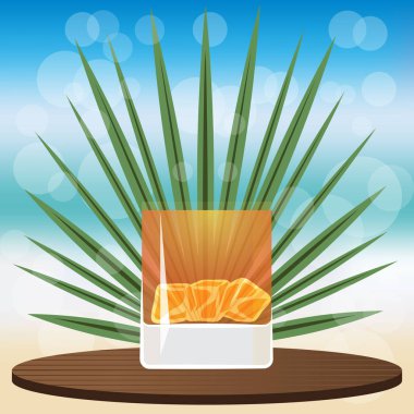 Ürün, web ve baskı, davet ve menüler için bokeh vektör çizim ile arka plan bulanık yerleştirmek için ahşap Klasik tepsisindeki kokteyl buzlu viski bar  