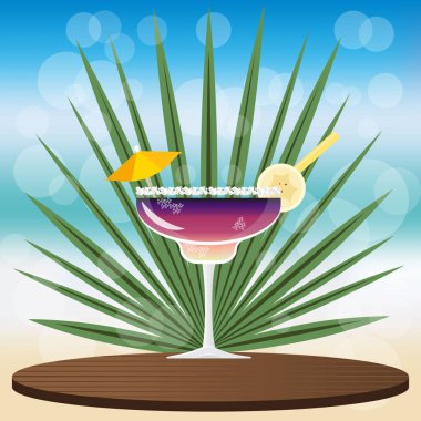 Ürününüzü, yerleştirmek için klasik ahşap tepsi çam biber ezmek veya El Diablo kokteylde bokeh vektör çizim için web ve baskı, davet ve için menüler ile arka plan bulanık bar  