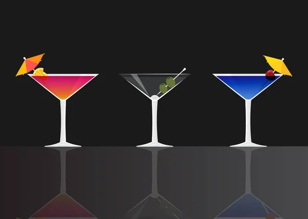 Cocktail Manhattan Martini Sec Lagune Bleue Sur Fond Miroir Noir — Image vectorielle