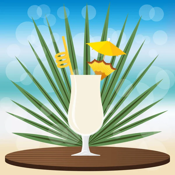 Coquetel Pina Colada Bandeja Clássica Madeira Fundo Embaçado Com Ilustração —  Vetores de Stock