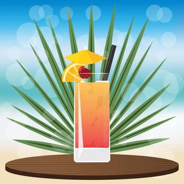 Tekila Sunrise bokeh vektör çizim için web ve baskı, davet ve menüler için bulanık zemin üzerine ahşap Klasik tepsisindeki kokteyl bar  