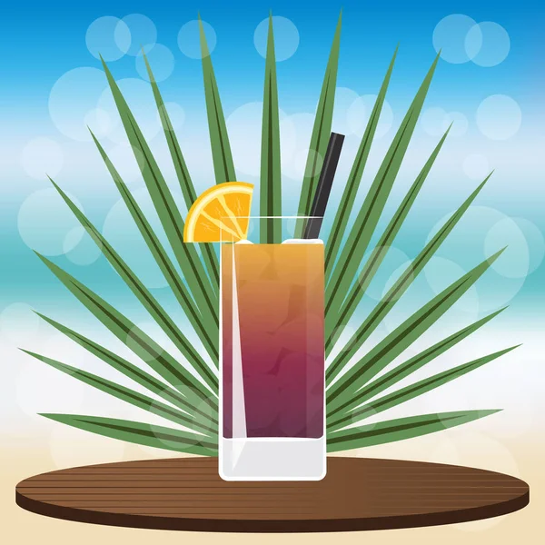 Long Island Iced Tea Cocktail Wooden Classic Tray Blurred Background — Stock Vector