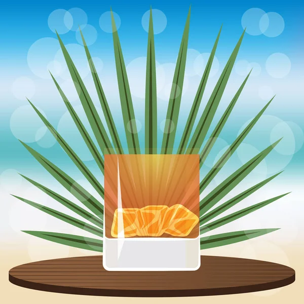 Ürün, web ve baskı, davet ve menüler için bokeh vektör çizim ile arka plan bulanık yerleştirmek için ahşap Klasik tepsisindeki kokteyl buzlu viski bar  