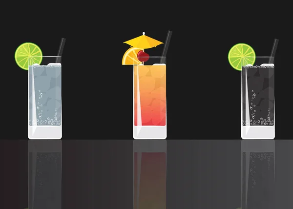 Gin Tonic Cocktail Tequila Sunrise Och Soda Lime Drink Svart — Stock vektor