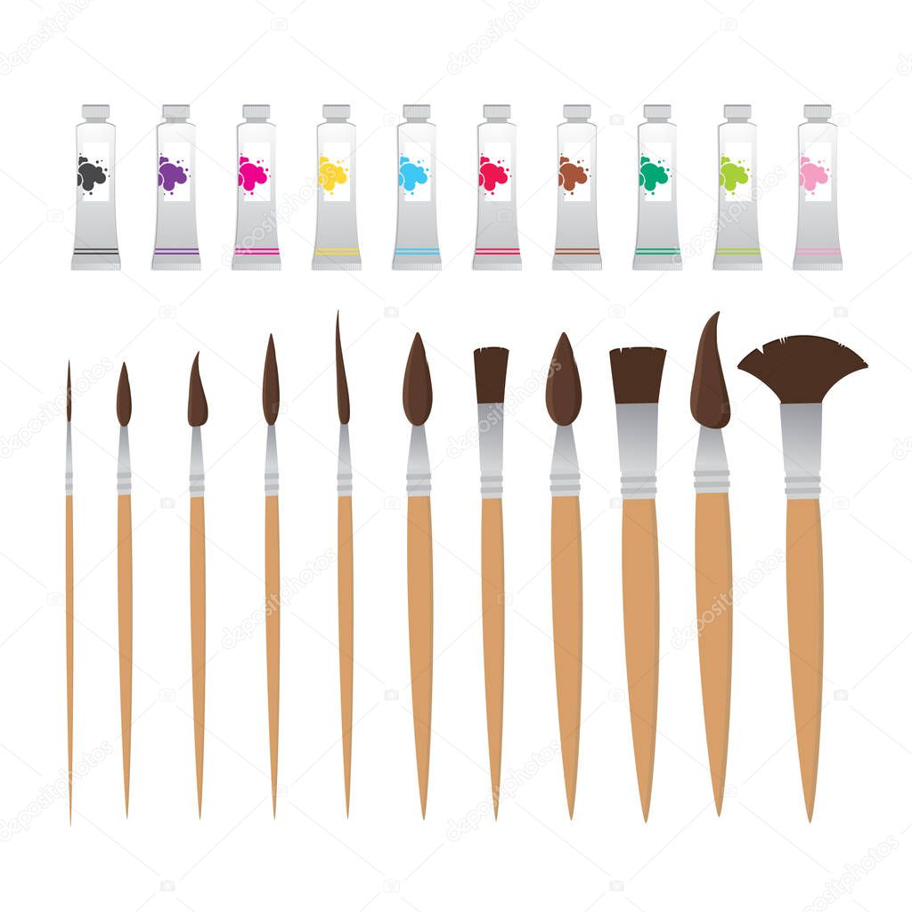 Drawing equipment and paint tubes vector elements set for web and print design. Painter, makeup master and more professional supplies