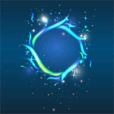 Renkli alevler ve neon ışıkları ile ateş çemberi tinsel, kenarlık çerçeve için web için kapak poster ile sınır ile mor arka plan üzerinde etkisi hareket ve vektör modern şablon baskı