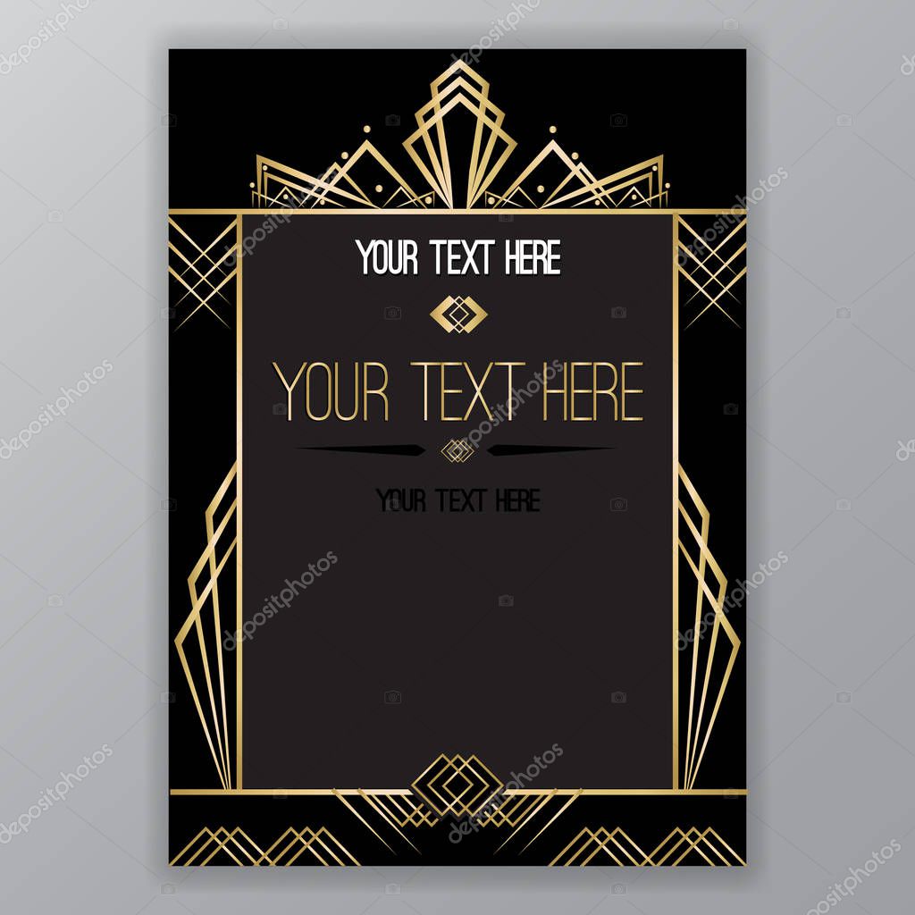 Art Deco page template, gatsby style for web and print, city and the lights pattern with golden lines. Modern design for menu or flyer, luxury gentel