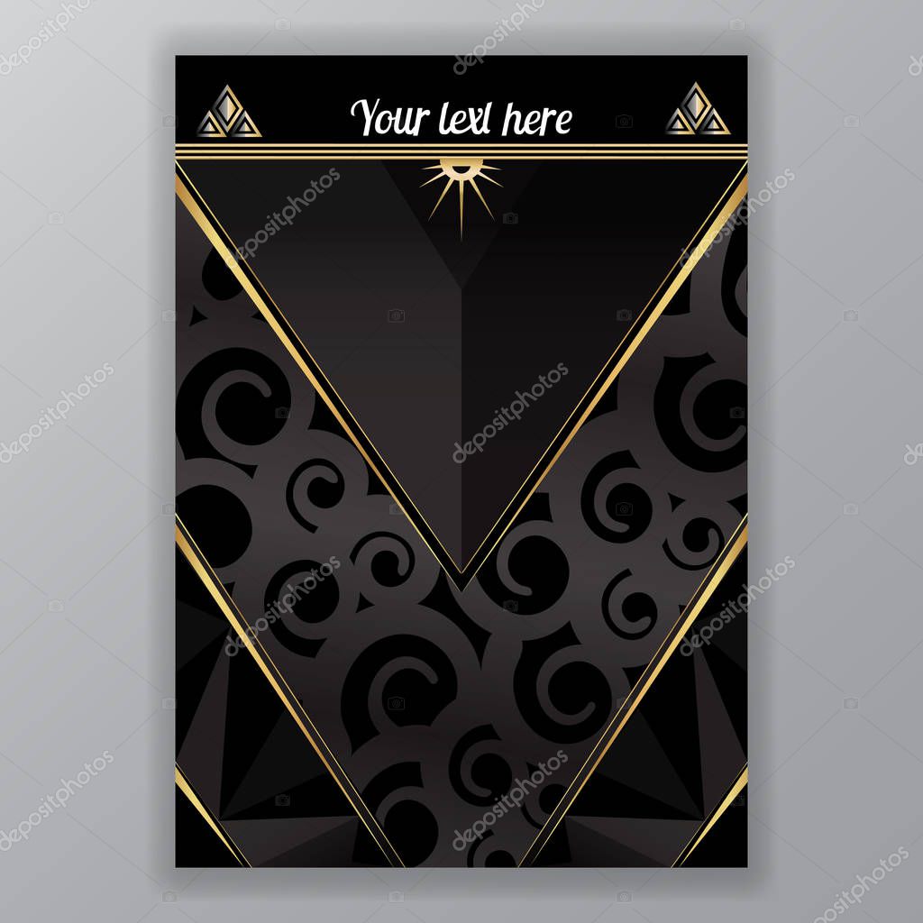 Art Deco page template, gatsby style for web and print, triangle with golden lines. Modern design curly black pattern for menu or flyer, luxury gentel