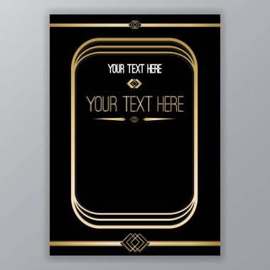 Art Deco sayfa şablonu, Gatsby stil için web ve baskı, basit desen siyah altın çizgili. Menü veya el ilanı, lüks ve nazik için modern yaratıcı tasarım