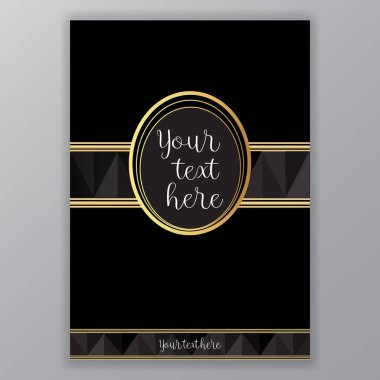 Art Deco sayfa şablonu, Gatsby tarzı web ve baskı, siyah gri elemanları ile altın çizgili daire desen için. Poligonal üçgenler, menü veya el ilanı, lüks ve nazik için yaratıcı tasarım