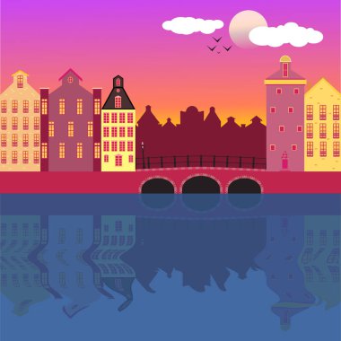 Havalı vektör arkaplan Amsterdam sokak cepheleri çizgi film vektör illüstrasyonu, renkli şehir kanalı, güzel manzara, muhteşem mimari tarzı. Mimaride Hollanda Altın Çağ tarzı.