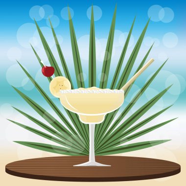 Margarita muz ürün, web ve baskı, davet ve menüler için bokeh vektör çizim ile arka plan bulanık yerleştirmek için ahşap Klasik tepsisindeki kokteyl bar