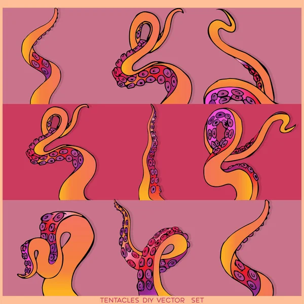 Yellow Pink Set Nine Tentacles Octopus Frame Ocean Motive Flat — Stock Vector