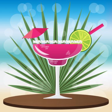 Taze böğürtlen ürün, yerleştirmek için Margarita klasik ahşap tepsi üzerinde kokteyl bokeh vektör çizim için web ve baskı, daveti ile arka plan bulanık 