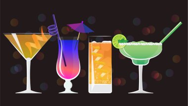 Americano kokteyl, Galaxy Magic Moskova katır votka kokteyl, portakal suyu ve klasik Margarita kokteyl siyah arka plan ile bokeh yansıyor. Vektör çizim web ve baskı için