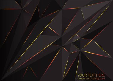 Düşük poli siyah koyu gri arka plan, çokgen şekiller arka plan web ve baskı, karanlık kristalleri zemin kırmızı sarı neon ışıkları ile üçgenler mozaik.