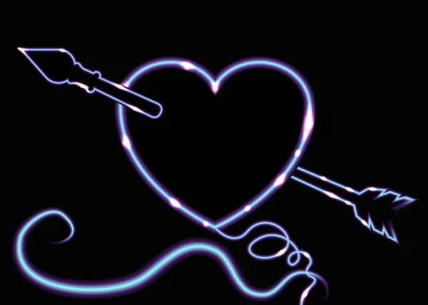 可爱的发光霓虹灯心脏与箭头和漩涡卷曲的线条 创造性的背景 情人节网络和印刷的未来派卡 — 图库矢量图片