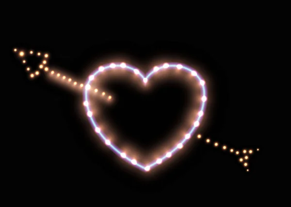 Lindo Corazón Neón Luminiscente Con Luces Lámparas Flechas Remolinos Líneas — Archivo Imágenes Vectoriales