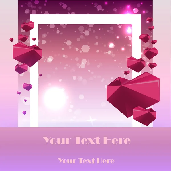 Creative Valentines Day Card Template Geometric Polygonal Hearts Bokeh Pink — Stock Vector