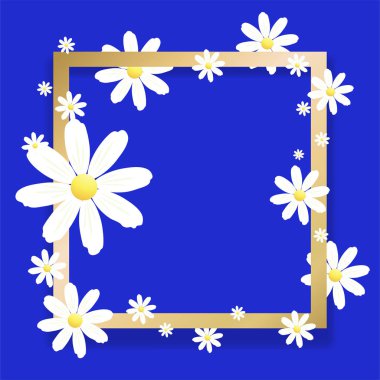 Modaya uygun bir tasarım şablonu 8 Mart. Sarı, beyaz ve neon tebrik kartı mavi. Mutlu Dünya Kadınlar günü. Papatya çiçek tatil arka plan ile kare çerçeve, vektör çizim kağıt kesme 