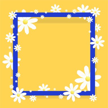 Modaya uygun bir tasarım şablonu 8 Mart. Sarı, beyaz ve neon tebrik kartı mavi. Mutlu Dünya Kadınlar günü. Papatya çiçek tatil arka plan ile kare çerçeve, vektör çizim kağıt kesme 