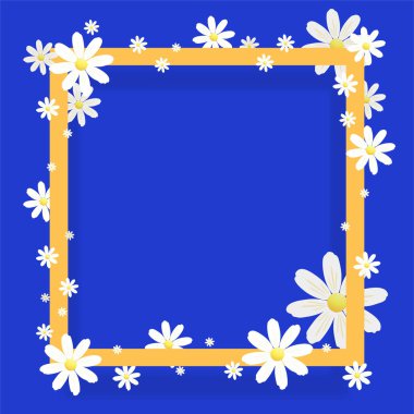 Modaya uygun bir tasarım şablonu 8 Mart. Sarı, beyaz ve neon tebrik kartı mavi. Mutlu Dünya Kadınlar günü. Papatya çiçek tatil arka plan ile kare çerçeve, vektör çizim kağıt kesme 