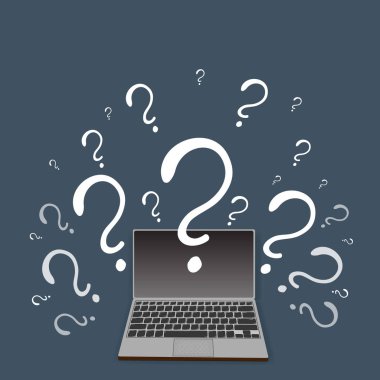Soru işaretiyle laptop, defter, kişisel bilgisayarda satır eğitim, ux ve UI çizgi film illüstrasyon 