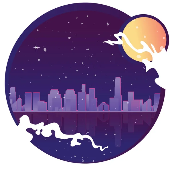 Neon stad met maan, de sterren en de Oceaan, vectorillustratie — Stockvector