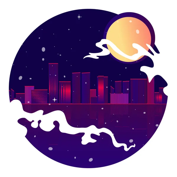 Neon stad met maan, de sterren en de Oceaan, vectorillustratie — Stockvector