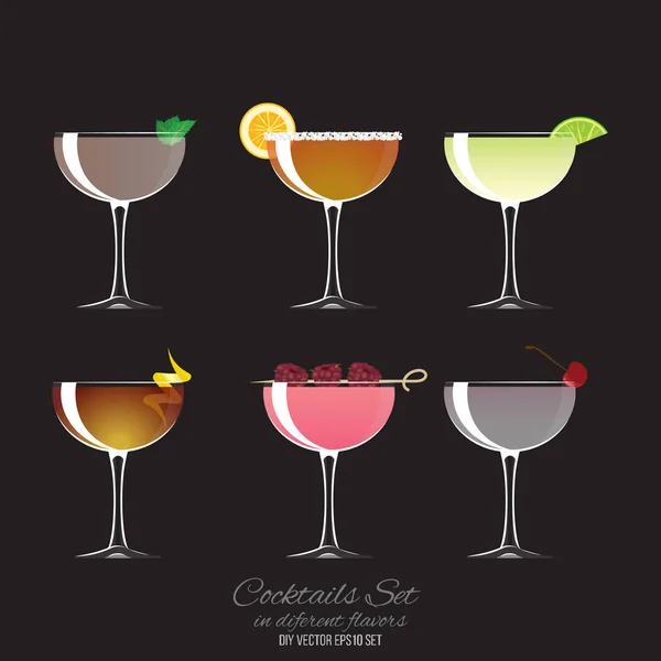 Set of 6 cocktails in coupe glass — Stock Vector