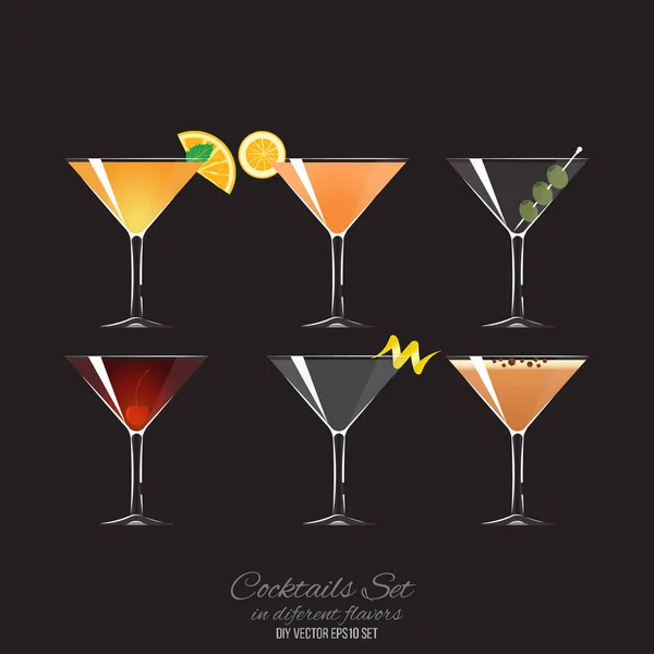 Set of 6 cocktails in coupe glass — Stock Vector