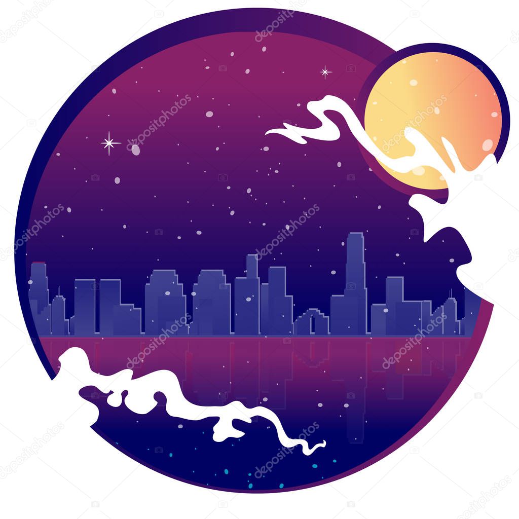 Neon city with moon, stars and ocean, vector illustration