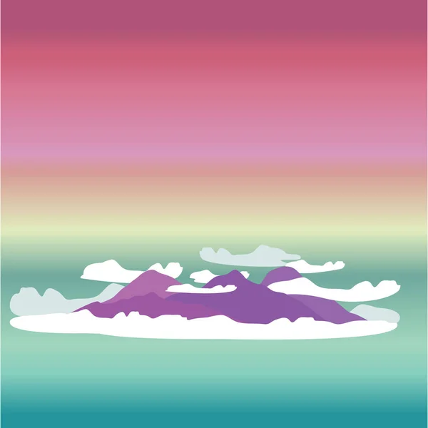 Aranyos rajzfilm vektoros illusztráció a felhők és a lila hegyek — Stock Vector