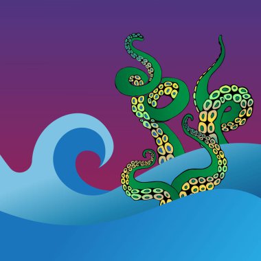 Deniz dalgalarında ahtapot dokunaçları. Sualtı okyanus canavarı Kraken.