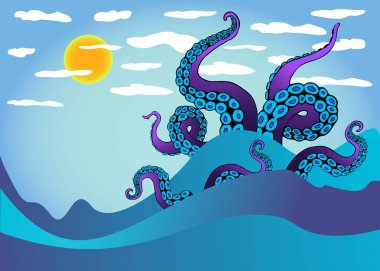 Deniz dalgalarında ahtapot dokunaçları. Sualtı okyanus canavarı Kraken.