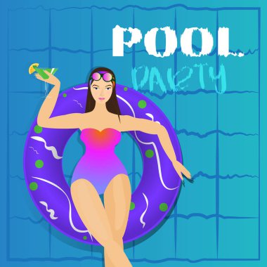 Young woman sunbath on ring in the swimming pool, colorful carto vector