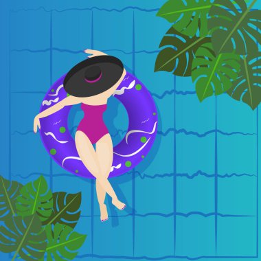 Genç kadın havuzda halka güneşleniyor. Büyük kokteyl ile suda yüzen genç model vektör Illustration. Havuz parti davetiye şablonu, yaz menüsü, tatil seyir karikatür poster.
