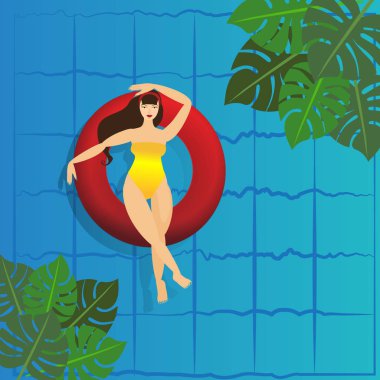 Genç kadın havuzda halka güneşleniyor. Büyük kokteyl ile suda yüzen genç model vektör Illustration. Havuz parti davetiye şablonu, yaz menüsü, tatil seyir karikatür poster.