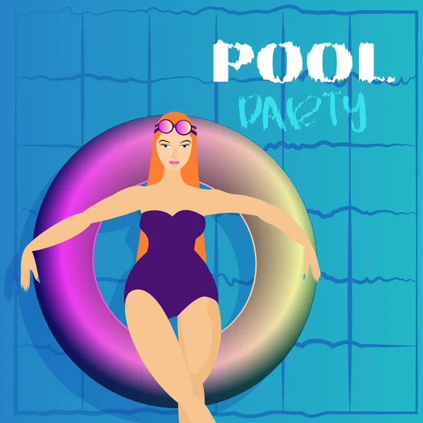 Young woman sunbath on ring in the swimming pool, colorful carto