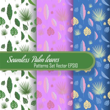 Dikişsiz palmiye yaprağı desen seti, web ve baskı için döngülü kumaş doku. Yaz saati, seyahat ve tatil havası.