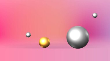 Altın ve gümüş metalik 3D ilkel, ağ ve yazdırma için gerçekçi geometrik vektör illüstrasyonu, pembe boş alanın zarif figürleri, lüks moda yaratıcı tasarım